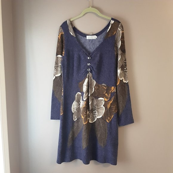 EZRA Designs Blue Floral V-neck Long-Sleeved Dress, Soft, Stretchy, Flowy Small - Picture 2 of 14